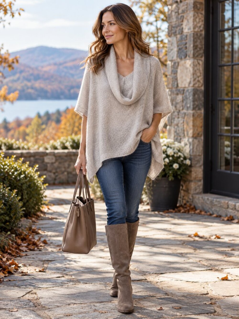 MINNIE ROSE 100% Cashmere Poncho One size Fits All Dove Grey